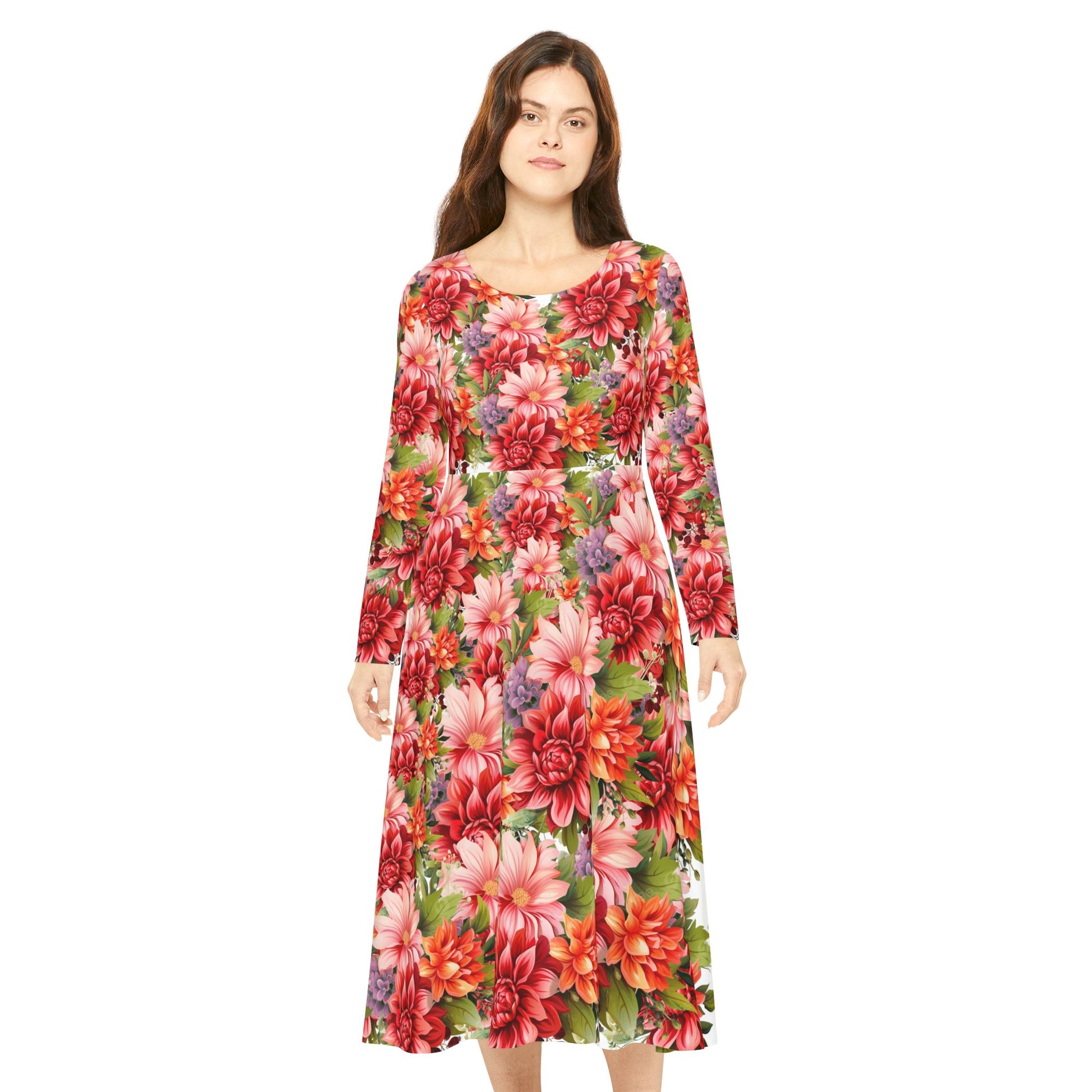 Floral Patterned Long Sleeve Dance Dress, Perfect for Dance Recitals, Spring Weddings, Flower Girl Outfit, Garden Parties, Boho Style